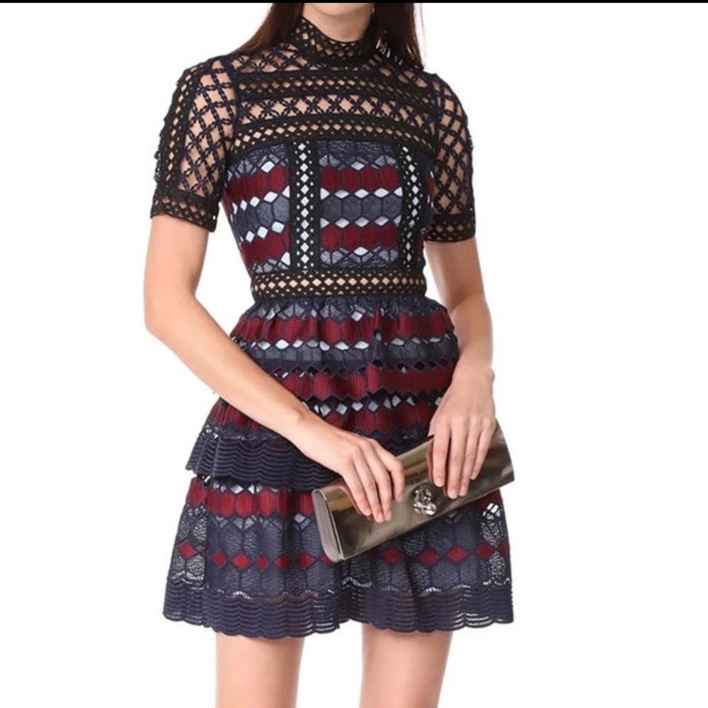 NWOT Self Portrait Hexagonal Guipure Lace Mini Dress (Navy / Burgundy) Sz US2